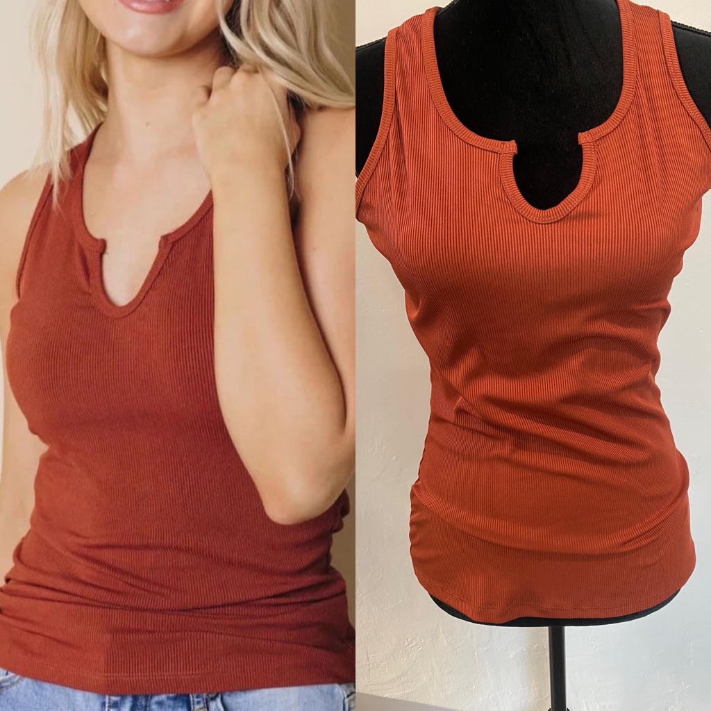 Split Neck Solid Rust Brown Ribbed Tank Top - Medium